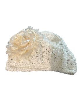 Hand Crochet Infant Hat Cap Beret OS White Large Flower Christening Photography